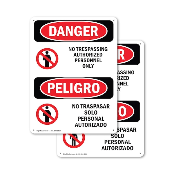 Signmission No Trespassing Authorized Only Bilingual Danger Sign, Plastic, 7in W x 10in L, 2PK OS-2PACK-DS-P-710-VS-1495 - main